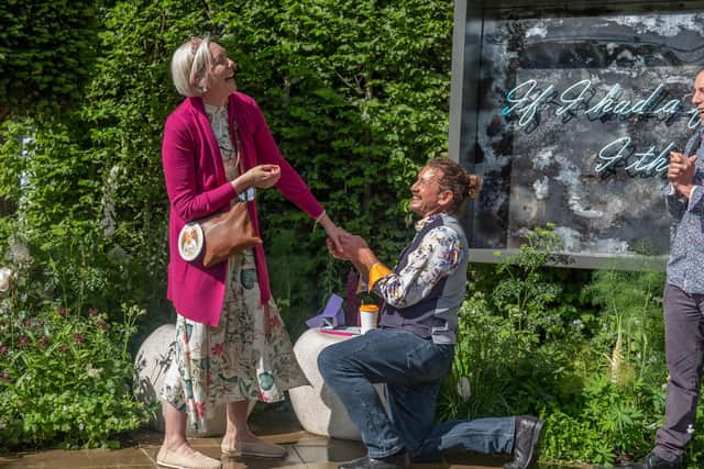 Paul proposed to Laura at the Perennial Garden With Love at the CHelsea Flower Show