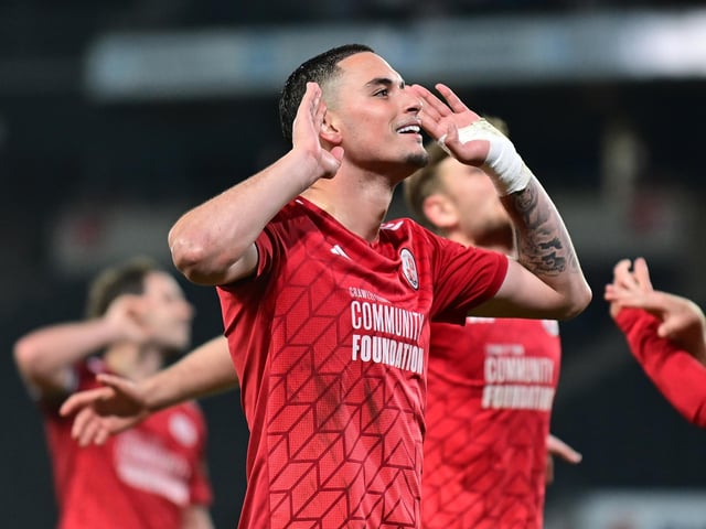 Crawley Town forward Klaidi Lolos (8) celebrates Crawley Town forward Danilo Orsi (9) goal 1-3 during the EFL Sky Bet League 2 play-off second leg match between Milton Keynes Dons and Crawley Town at stadium:mk, Milton Keynes, England on 11 May 2024.:Crawley Town hammered MK Dons 5-1 - and 8-1 on aggregate - to reach the League Two play-off final Wembley. Photographer Dennis Goodwin/Pro Sport Images was there to catch the action, the crowd and the celebrations