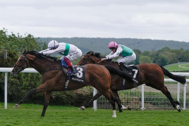 CHICHESTER, ENGLAND - AUGUST 04: Frankie Dettori riding Epictetus (white) win The Bonhams Thoroughbred Stakes from Ryan Moore and Nostrum at Goodwood Racecourse on August 04, 2023 in Chichester, England. (Photo by Alan Crowhurst/Getty Images):Action from Friday's racing at Glorious Goodwood 2023