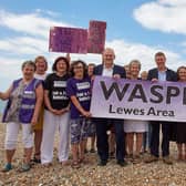 Lewes MP James MacCleary and Liberal Democrat leader Ed Davey with WASPI campaigners on Seaford Beach in 2024. Photo: Roz Bassford