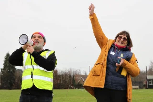 Sally Ward, right, at a demonsration last year