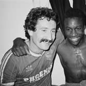 Brighton pair Gerry Ryan and Terry Connor after winning match against Liverpool FC in1984. (Photo by B. Gomer/Daily Express/Hulton Archive/Getty Images)