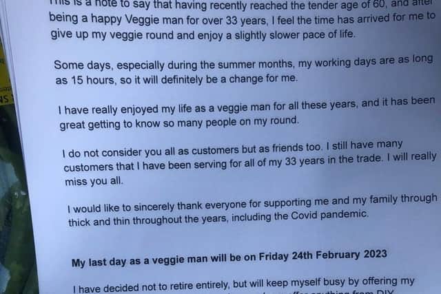 Dan Dan the Veggie Man also sent out this leaflet to his loyal customers on the announcement of his retirement.