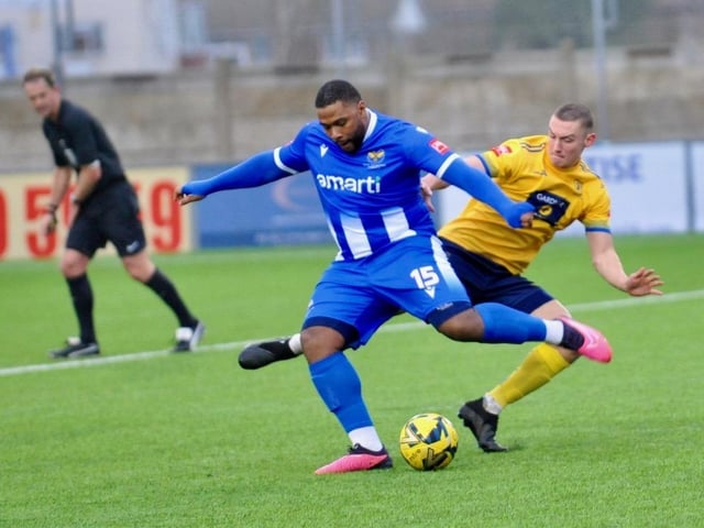 Action from Lancing FC's 1-0 home loss to East Grinstead Town in the Isthmian south east division