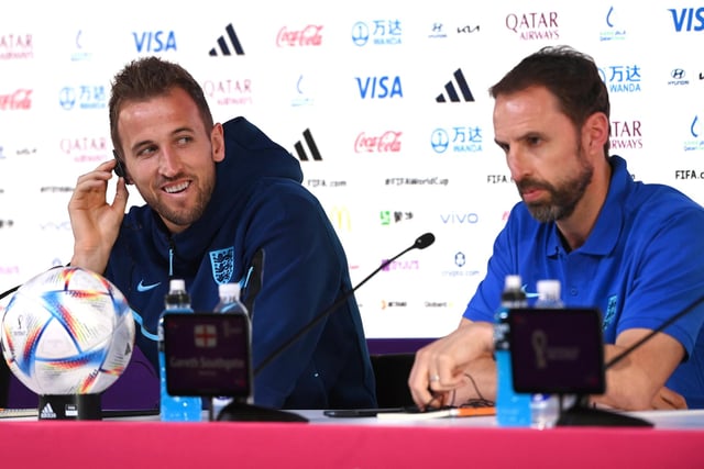 DOHA, QATAR - NOVEMBER 20: England captain Harry Kane and  Manager Gareth Southgate speak to the media during the England Press Conference ahead of the game against Iran at MPC on November 20, 2022 in Doha, Qatar. (Photo by Stu Forster/Getty Images)