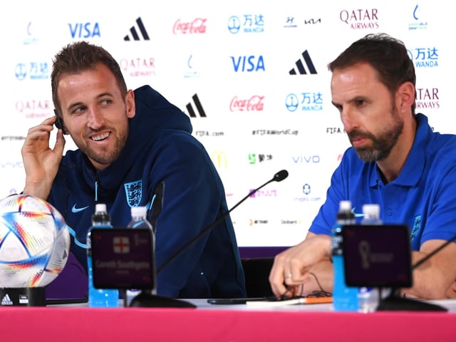 DOHA, QATAR - NOVEMBER 20: England captain Harry Kane and  Manager Gareth Southgate speak to the media during the England Press Conference ahead of the game against Iran at MPC on November 20, 2022 in Doha, Qatar. (Photo by Stu Forster/Getty Images)