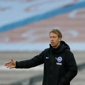 Brighton head coach Graham Potter gestures on the touchline during the Premier League football match against West Ham United at the London Stadium.