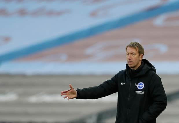 Brighton head coach Graham Potter gestures on the touchline during the Premier League football match against West Ham United at the London Stadium.