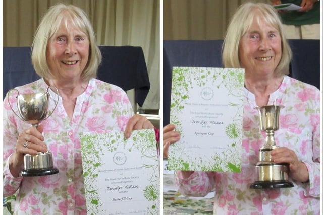 Jennifer Wallace won the Butterfill Cup for the most points in sweet pea classes and the Springett Cup for sweet peas