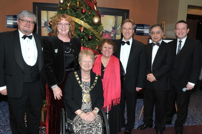 Annual Christmas fundraising dinner dance organised by Maria Hains. (L-R) Mr Ball of Crawley Hospital, Janet Laine, Crawley mayor Chris Cheshire , Maria Hains, Henry Smith Crawley MP, Mr Suleiman of Crawley Hospital and MC and councillor Chris Oxlade - picture submitted