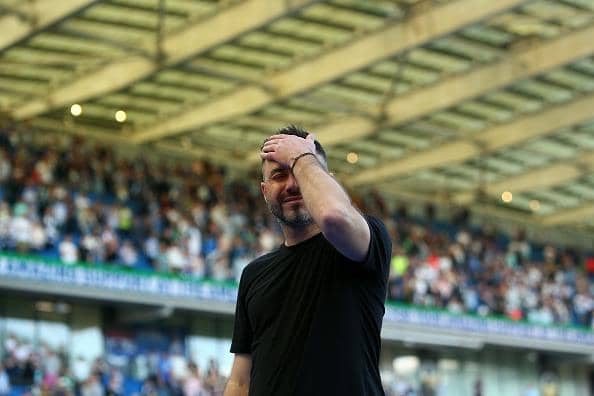Roberto De Zerbi, manager of Brighton & Hove Albion, reacts to the Brighton crowd during his farewell