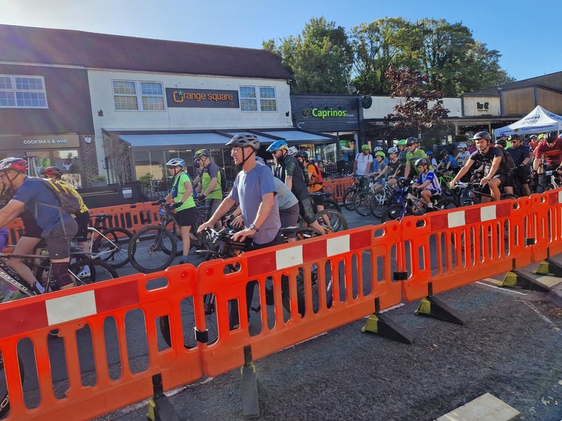 Cyclists lining up for their turn to start their journey. Photo: Lawrence Smith
