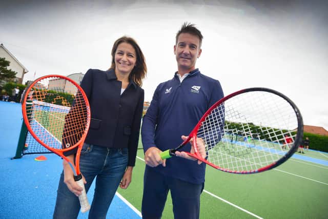 Culture Secretary Lucy Frazer marks the refurbishment of 1,000 public tennis courts. Photocall on June 29 at the tennis courts on Royal Parade, Eastbourne. Lucy Frazer is pictured with Scott Lloyd, Lawn Tennis Association CEO.