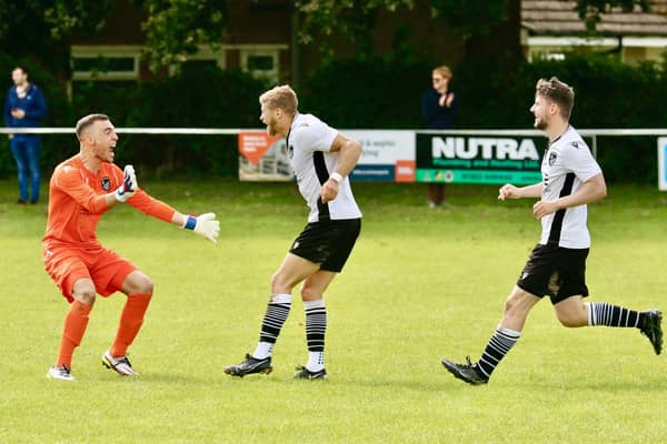 Bexhill United celebrate one of the goals that saw off North Greenford in the FA Cup | Picture: Joe Knight