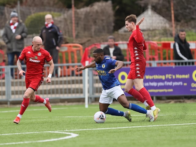 Action from Worthing and St Albans' nine-goal thriller in the National League South at Woodside Road