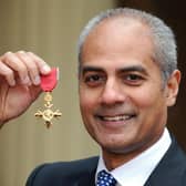 George Alagiah at Buckingham Palace after collecting his OBE from the Queen.