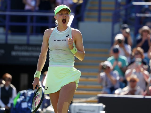 Harriet Dart celebrates victory over Marie Bouzkova (not pictured) on day three of the Rothesay International at Devonshire Park, Eastbourne. Picture date: Monday June 24, 2024. PA Photo. See PA story TENNIS Eastbourne. Photo credit should read: George Tewkesbury/PA Wire.
RESTRICTIONS: Use subject to restrictions. Editorial use only, no commercial use without prior consent from rights holder.