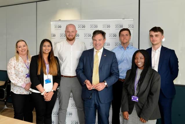 Horsham MP, Jeremy Quin, meets with local recruits at Schroders Investment Management. From left to right: Rebekah Lickiss, Nimisha Limbachia, Martin Thornton, Jeremy Quin MP, Sam Henshall, Mutsa Jamieson and Liam Fox.