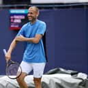Dan Evans of Great Britain reacts in a practice session during the Lexus Eastbourne Open at Devonshire Park on June 22, 2025 in Eastbourne, England.  (Photo by Charlie Crowhurst/Getty Images for LTA)