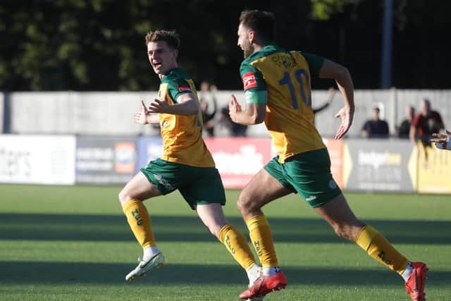 Doug Tuck celebrates Horsham's late winner in their thrilling 4-3 home win over Aveley in the FA Trophy third qualifying round. Picture by John Lines