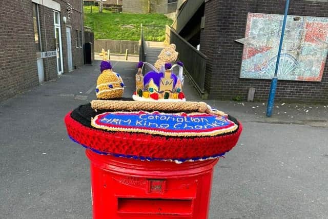 Coronation post box topper outside Broadfield Post Office