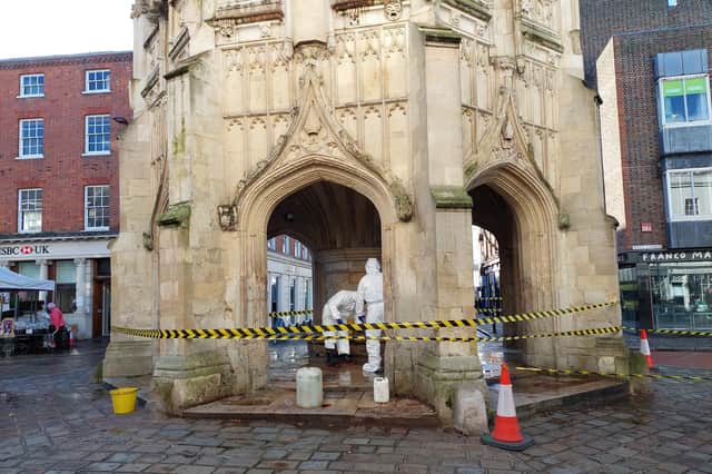 Passers-by saw that Chichester Cross had been cordoned off this morning.