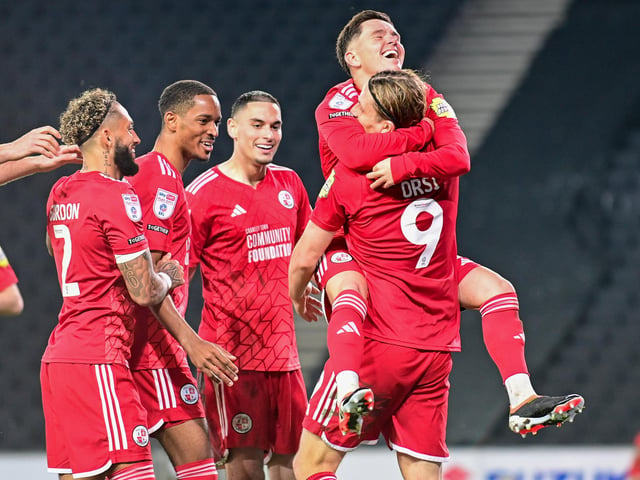 GOAL Crawley Town forward Danilo Orsi (9) scores a goal and celebrates with Crawley Town midfielder Liam Kelly (4) 1-3 during the EFL Sky Bet League 2 play-off second leg match between Milton Keynes Dons and Crawley Town at stadium:mk, Milton Keynes, England on 11 May 2024.:Crawley Town hammered MK Dons 5-1 - and 8-1 on aggregate - to reach the League Two play-off final Wembley. Photographer Dennis Goodwin/Pro Sport Images was there to catch the action, the crowd and the celebrations