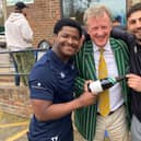 Horsham RFC chairman Richard Ordidge presenting a bottle to their two players of the match, Vince Everitt and Tyrese Makasi | Contributed photo
