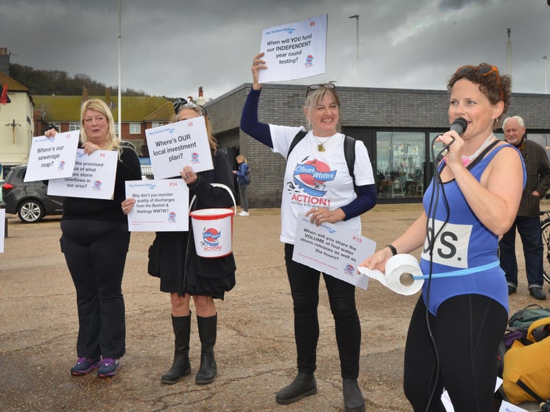 Protest outside Southern Water's Your Water Matters event in Hastings Old Town on October 12 2023.