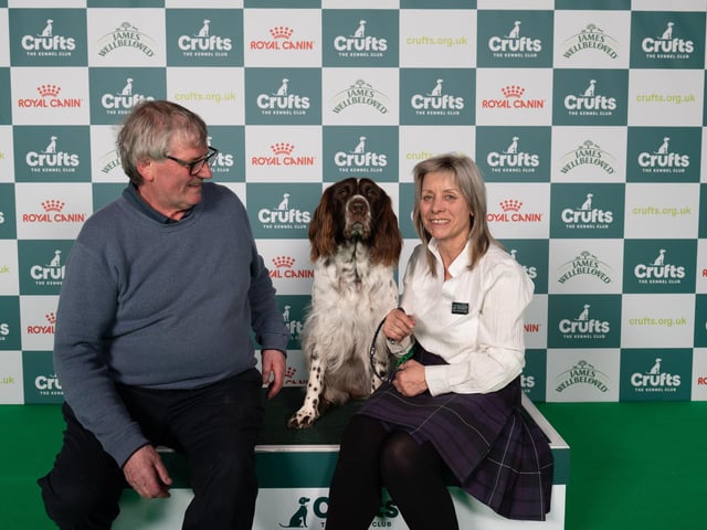 Nicolas Cottam and Sarah Thomson from Chichester and East Ayrshire with Ora, a German Longhaired Pointer, which was the Best of Breed winner on the third day of Crufts 2025. (Saturday, March 8),