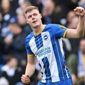 Brighton's Irish striker Evan Ferguson celebrates after scoring his team second goal during the English FA Cup quarter-final football match between Brighton & Hove Albion and Grimsby Town
