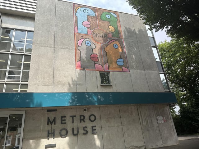 One of several pieces around Metro House, this piece by Thierry Noir greets visitors on their approach to the building from the city centre. A French artist, Noir is internationally recognised as one of the first street artists to work on the Berlin Wall.