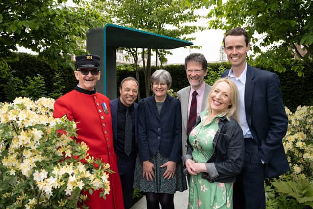Helena Clarke (centre) with husband David, to her right, at the launch of the Rare Space garden at the RHS Chelsea Flower Show