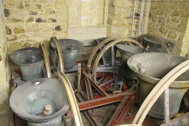 View of seven of the bells in St Mary's belfry ready for ringing – the 4th bell is at the top left of the photo.