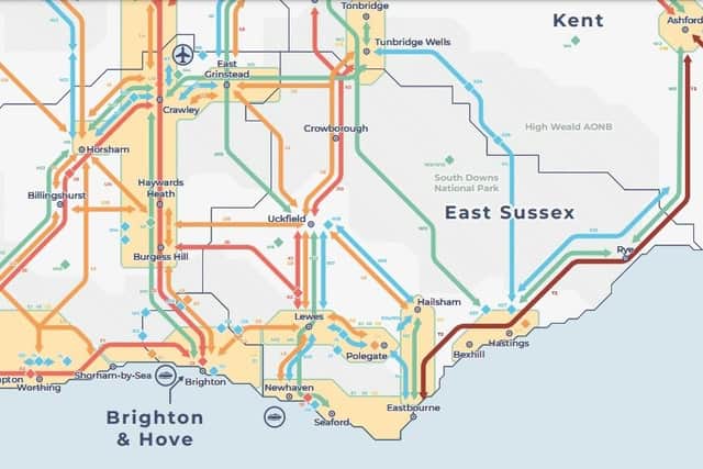 Transport improvements for East Sussex. Rail = red, highways = blue, mass transit = yellow, active travel = green