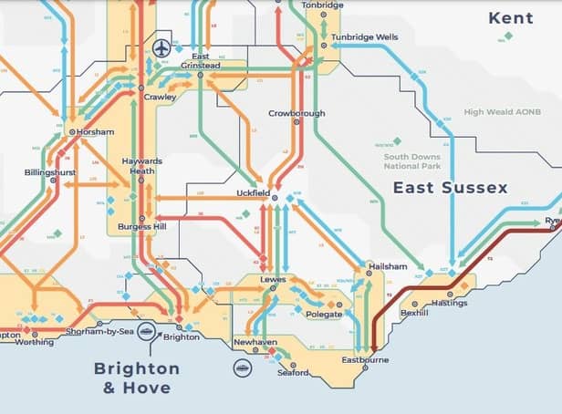 Transport improvements for East Sussex. Rail = red, highways = blue, mass transit = yellow, active travel = green