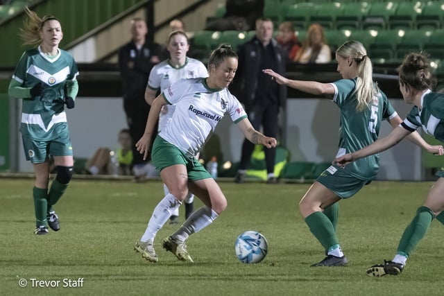 Action from Bognor Regis Town Women v Ashford United Women in the semi-final of the Isthmian Cup at Nyewood Lane