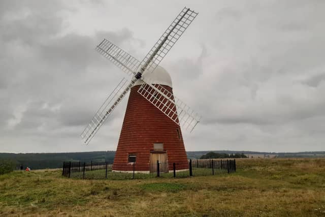 Halnaker Windmill sits on top of the South Downs and there are far-reaching views all around