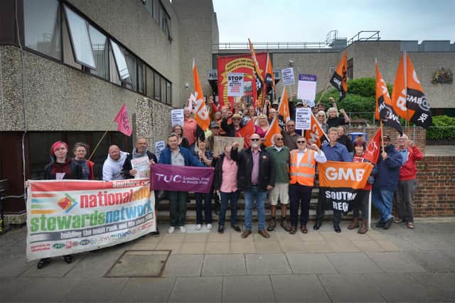 GMB Union's call for a show of solidarity for three workers who were arrested during the Wealden bin strike. Various union members outside Hastings Law Courts on June 29 just before the hearing.