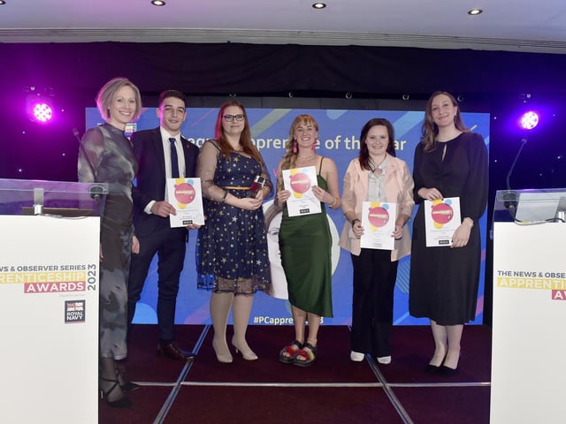 Pictured is: (left) Fiona Stilwell CEO of Peta with (third from left) Emma Morris of The Weald Community School and Sixth Form College in West Sussex and West Sussex County Council, who won the Degree Apprentice of the Year award, with highly commended nominees in this category.
