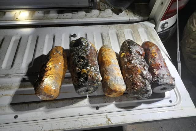 The five World War II ordnance shells found along the East Sussex coast. Picture form Birling Gap Coastguard's Facebook page