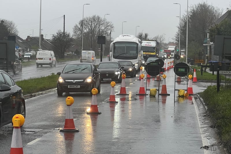 Traffic has been reduced to one lane, with dozens of cones in place, on the A27 eastbound – just past Lancing roundabout.