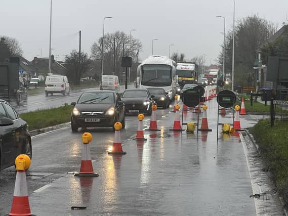 Traffic has been reduced to one lane, with dozens of cones in place, on the A27 eastbound – just past Lancing roundabout.
