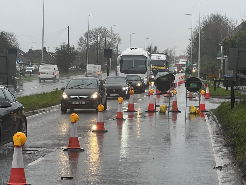 Traffic has been reduced to one lane, with dozens of cones in place, on the A27 eastbound – just past Lancing roundabout.