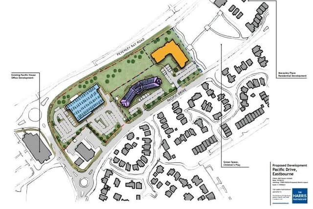 The proposed Aldi store is in light blue, LNT’s proposed care home is in purple and McCarthy Stone’s proposed retirement apartments are shown in light orange.