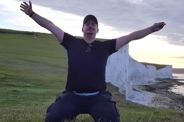 Scott Temple on the Sussex Downs the first time he was able to go hiking again after his illness (photo from Brain Tumour Research)