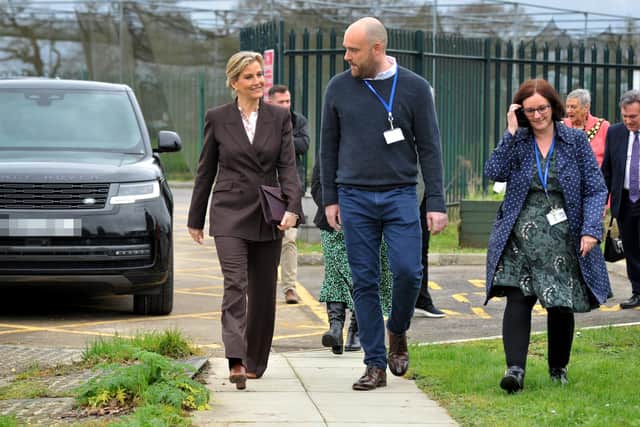 HRH The Duchess of Edinburgh is welcomed by Manor Green College headteacher Tom Smith. Picture: Steve Robards/SussexWorld