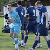 Ringmer 'keeper Stefanos Akras celebrating the status-securing win at Infinity