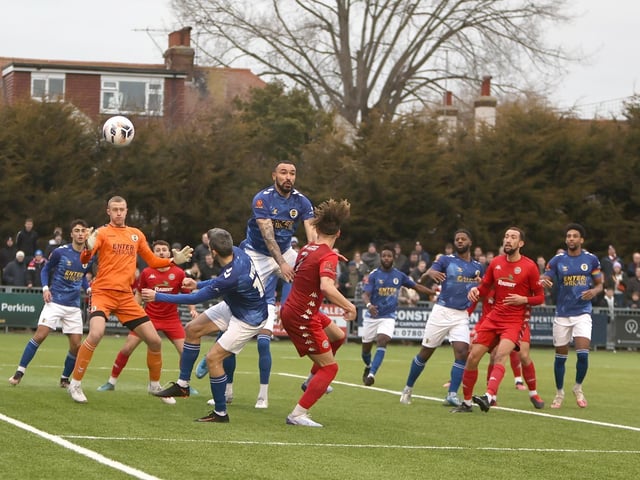 Action from Worthing and St Albans' nine-goal thriller in the National League South at Woodside Road
