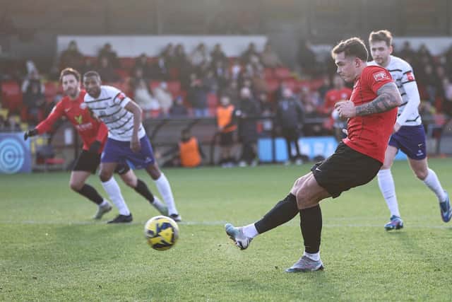 Tommy Wood scores from the spot for Lewes | Picture: James Boyes